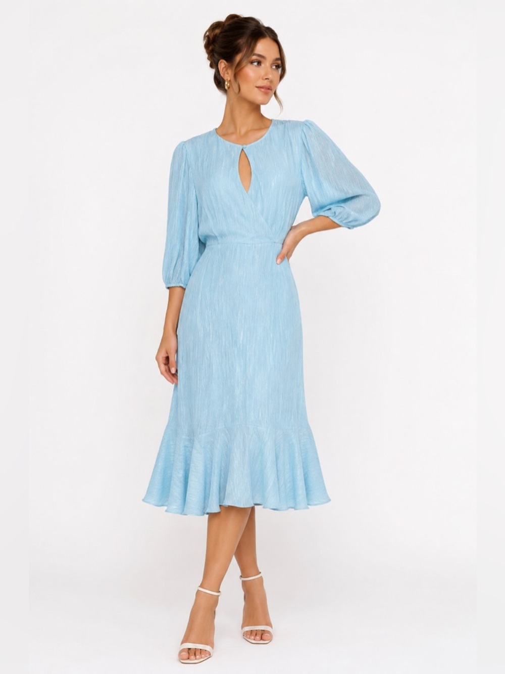 Maison Tara Chiffon Pastel Baby Blue Key Hole Puff Sleeve Midi Dress Size 16